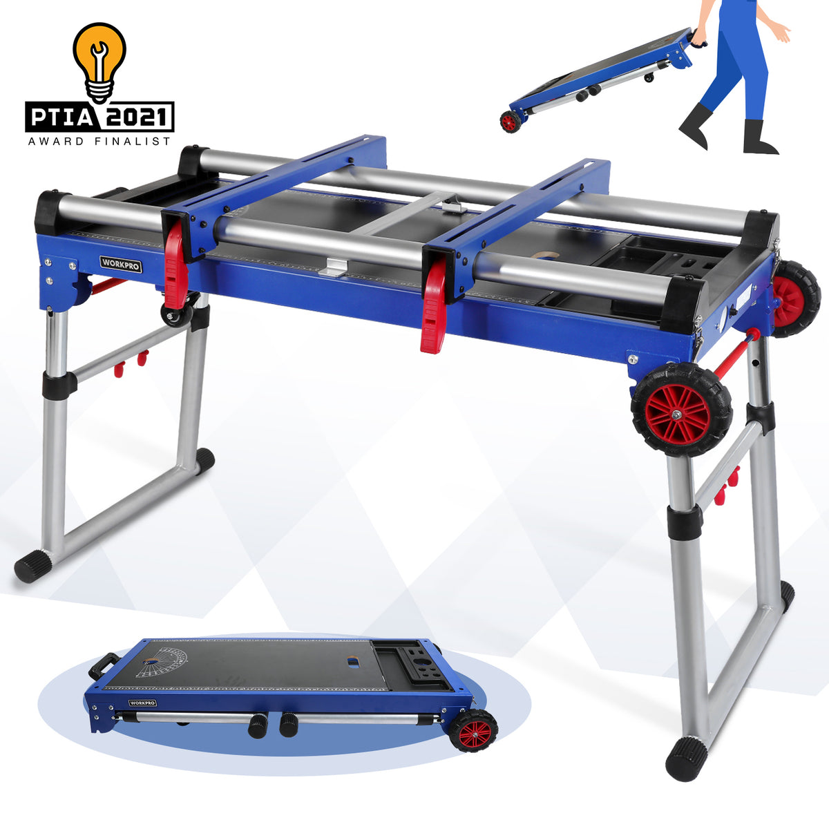 Workpro four-in-one miter saw stand in blue with a robust steel frame and support for up to 330 lb