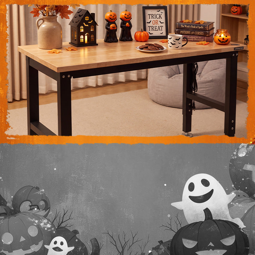Wooden console table with a light wood top and black metal frame, decorated with pumpkins and Halloween ornaments