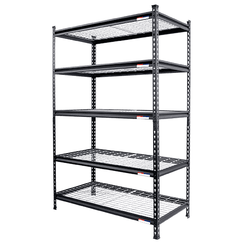 Metal shelving rack with perforated shelves, showing innovation and quality in a secure, durable frame