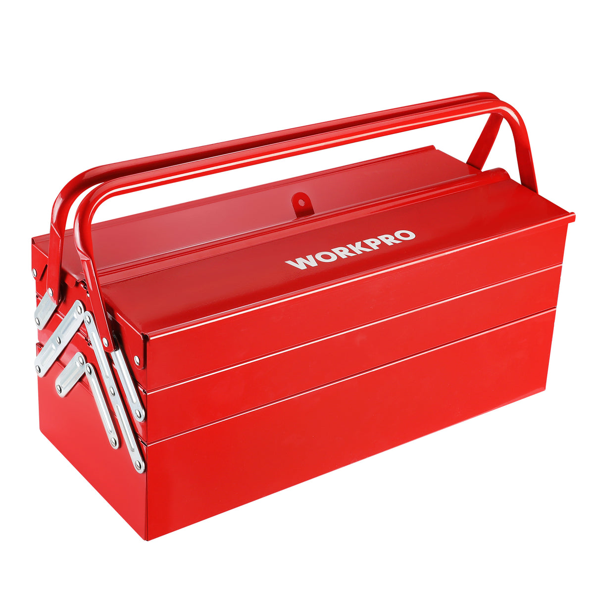 Workpro metal tool box in red with a lockable keyhole design and five-tray folding organizer for workshop storage.