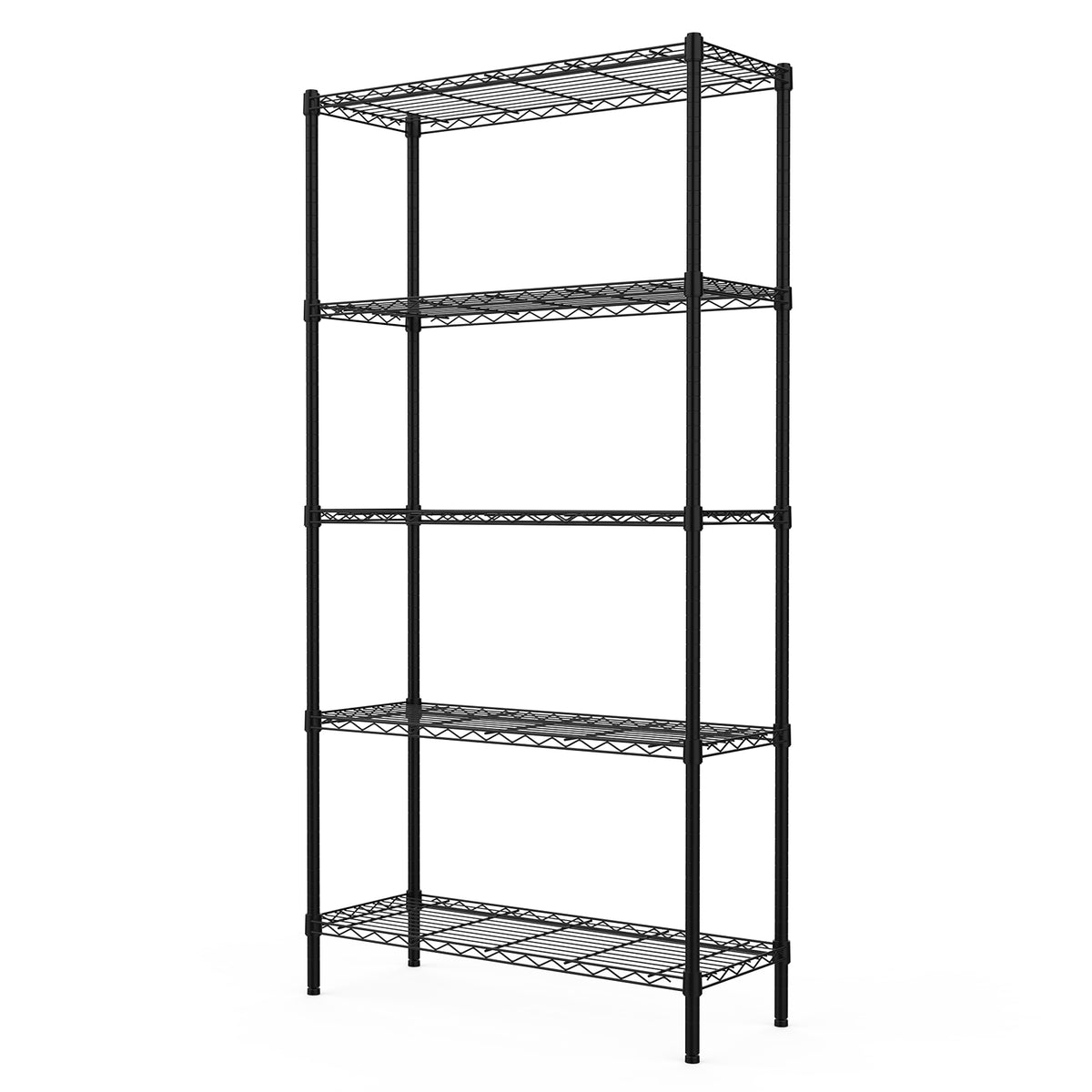 Black 5-tier wire shelving rack with open lattice shelves and steel legs