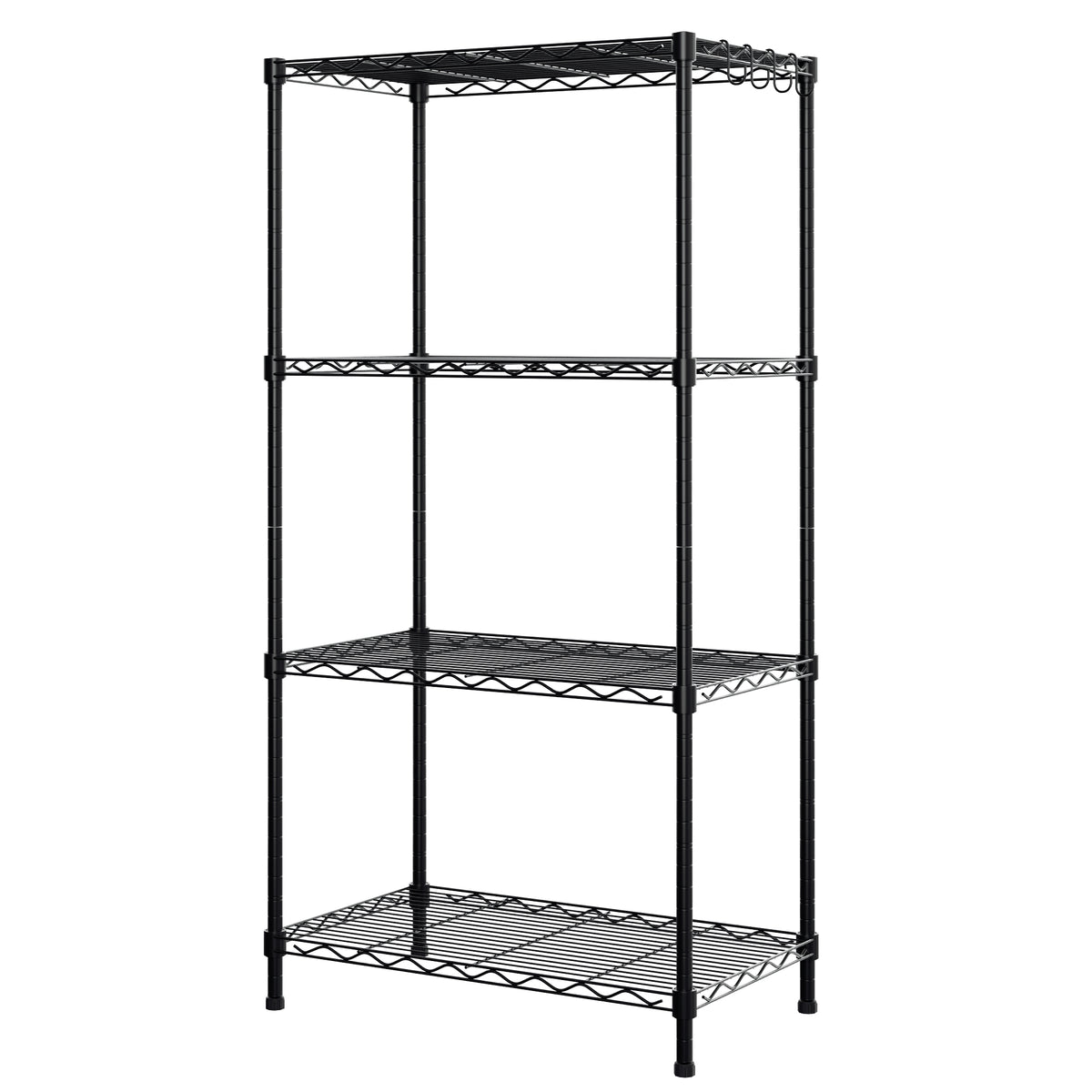 Freestanding 4-tier black metal storage shelf, angled view of wire mesh tiers