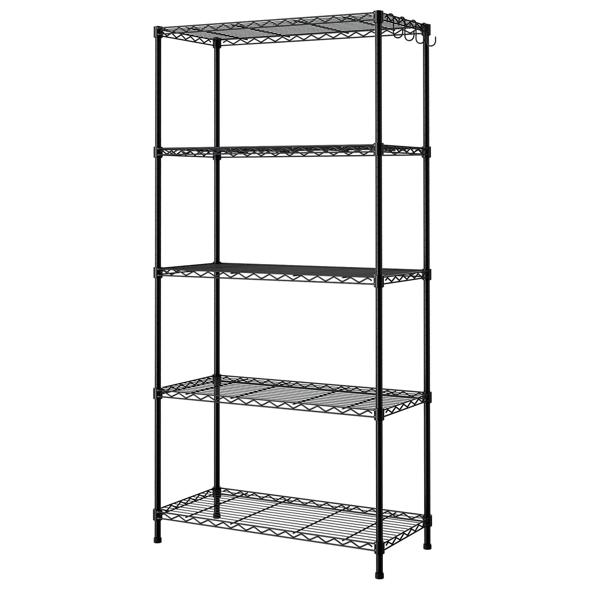 Black 5-tier metal wire storage shelving unit with open sides and adjustable shelves