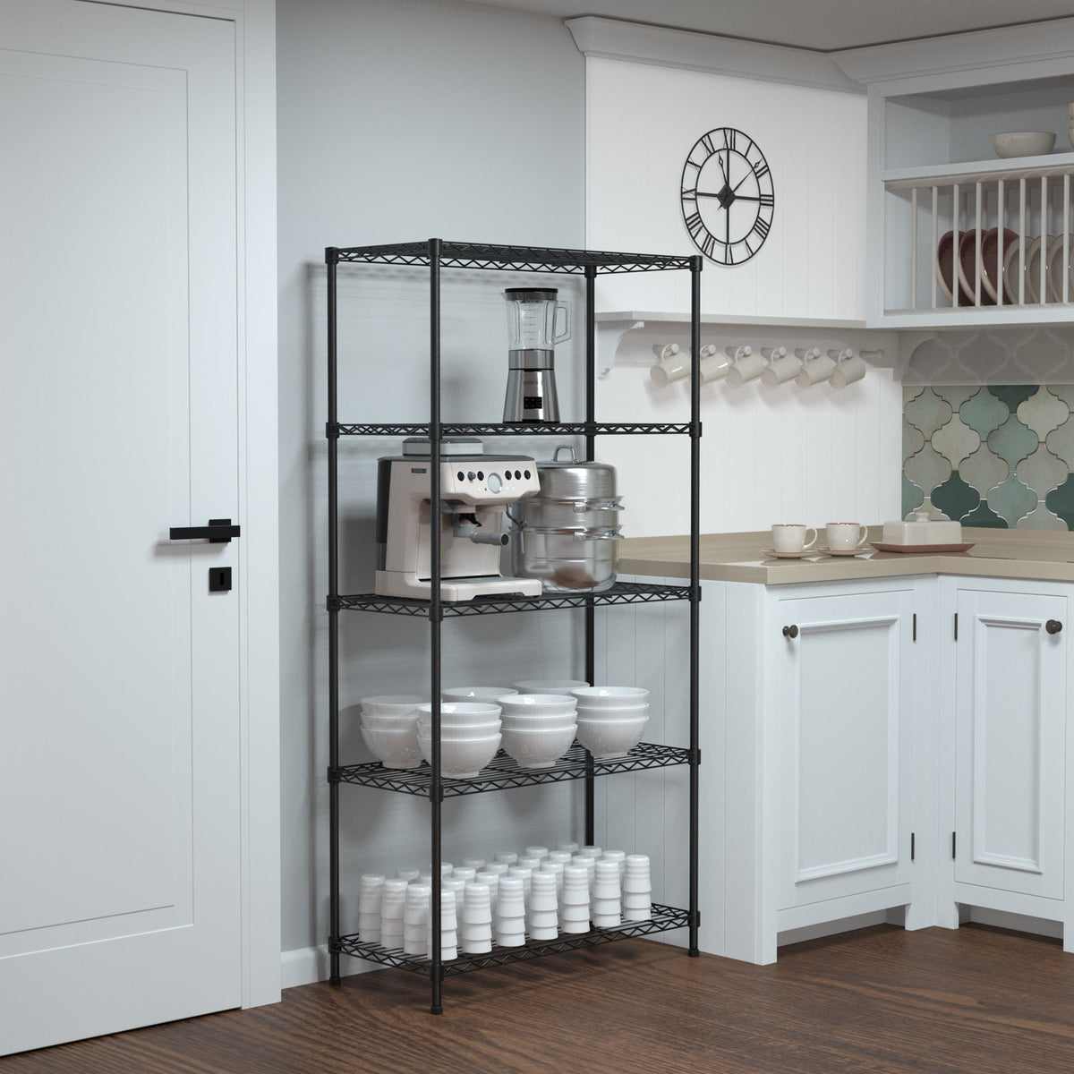 Black 5-tier wire shelving unit with top rail and multiple open shelves in pantry