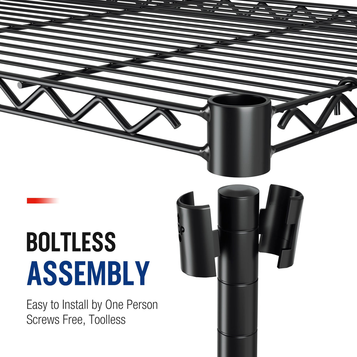 Black shelf support bracket with wire grid underside detail