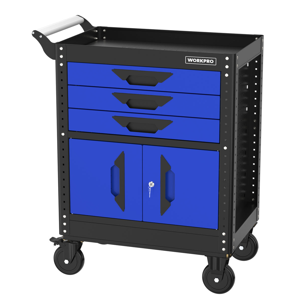WORKPRO 27.5 in rolling tool chest with three drawers, cabinet doors, and front casters