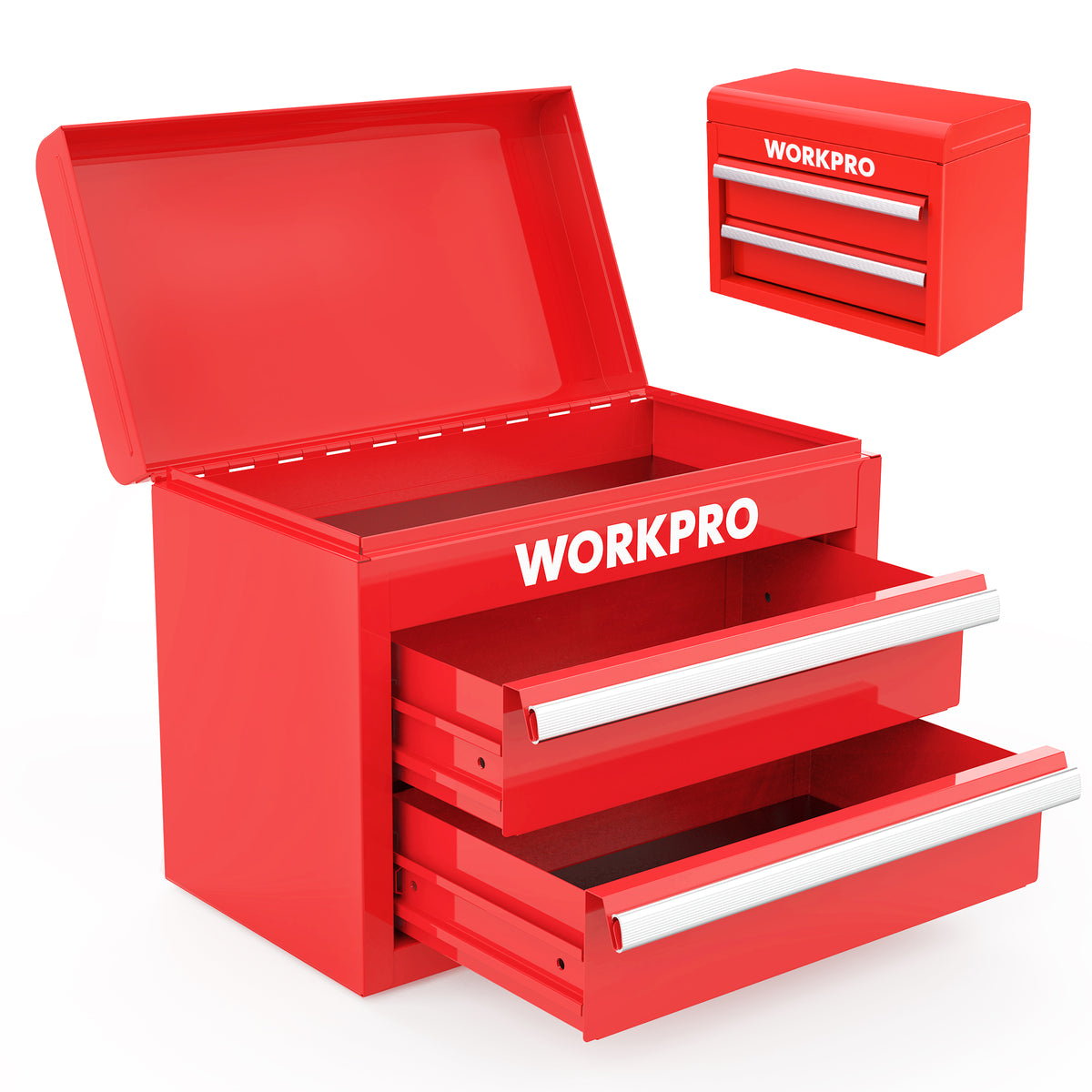 WORKPRO Mini Metal Tool Box with 2 Drawers and Top Storage in red with secure magnetic catch