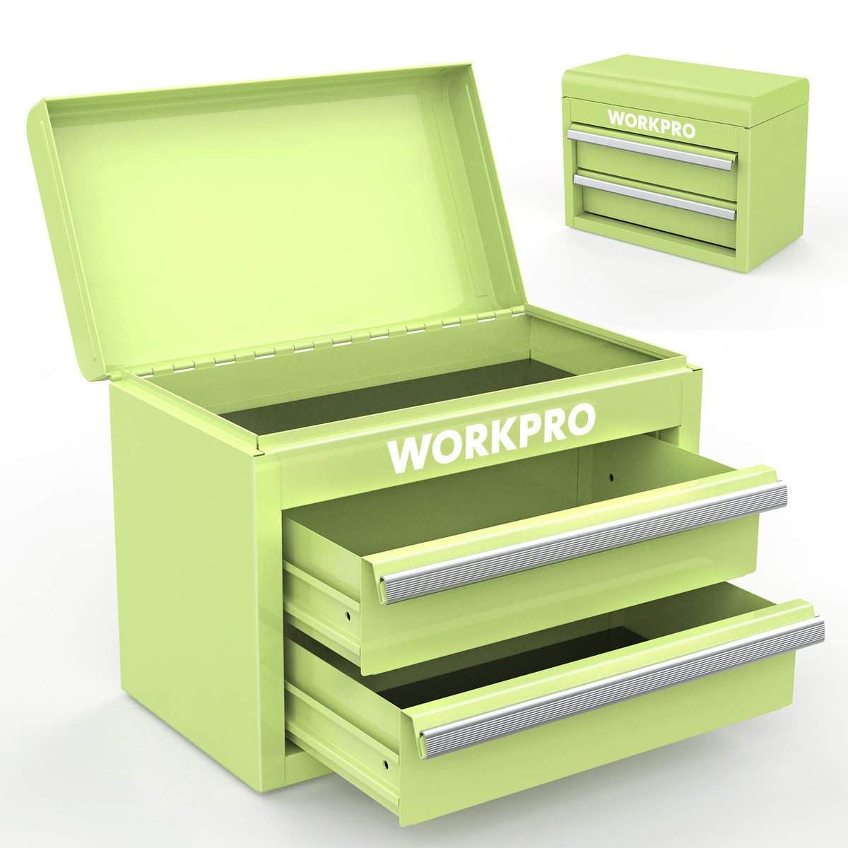 Workpro Mini Metal Tool Box with 2 Drawers and Top Storage in macaron green with secure magnetic catch
