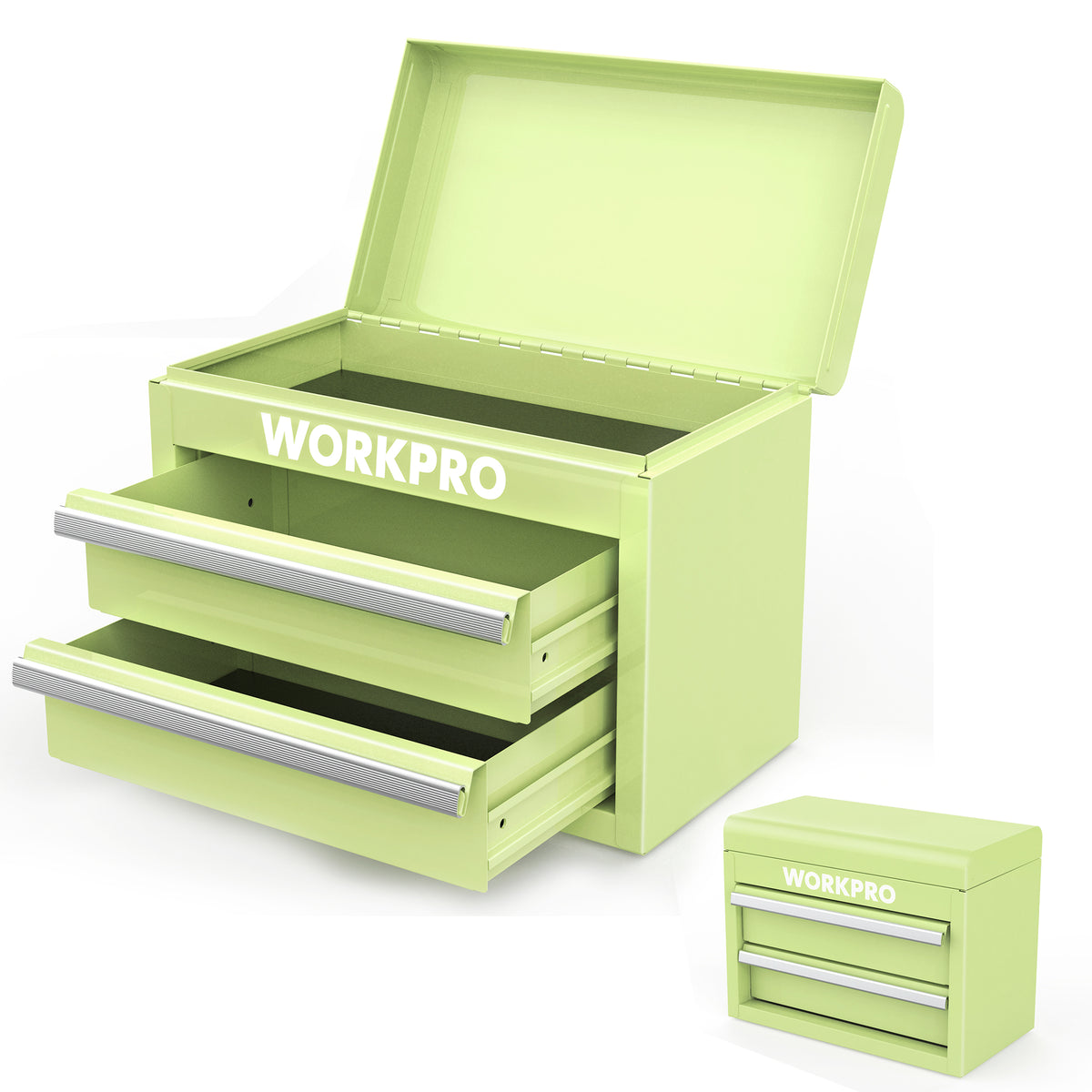 Green mini metal toolbox with two drawers and top storage compartment
