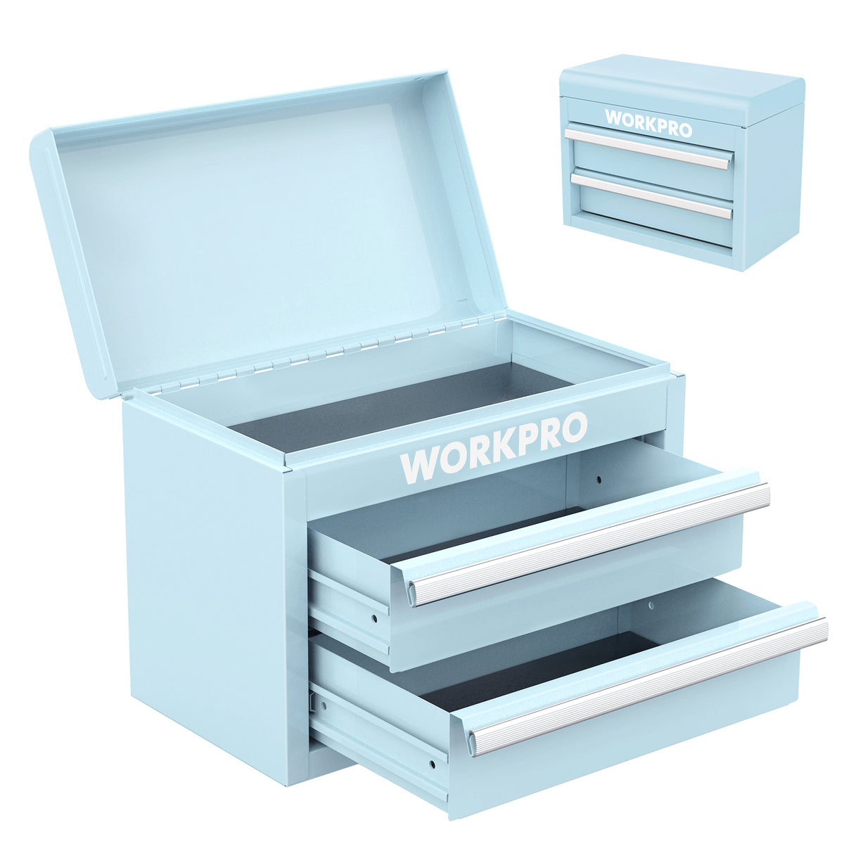 WORKPRO Mini Metal Tool Box with 2 Drawers and Top Storage in macaron blue with secure magnetic catch