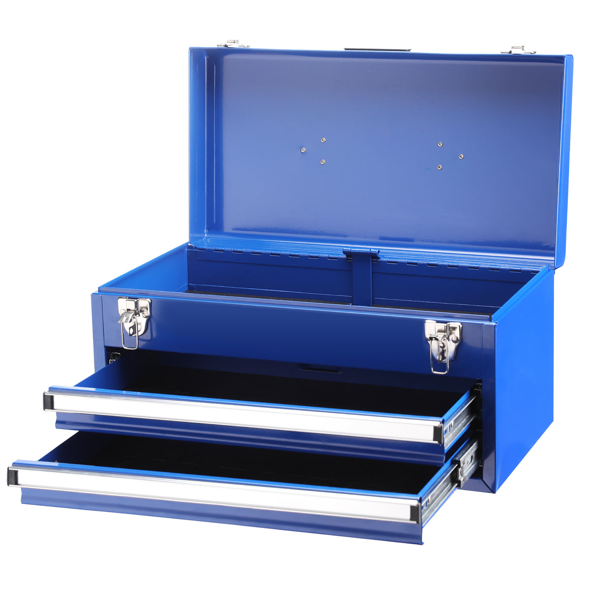 A blue metal tool box with three pull-out drawers, shown open against a plain white background.