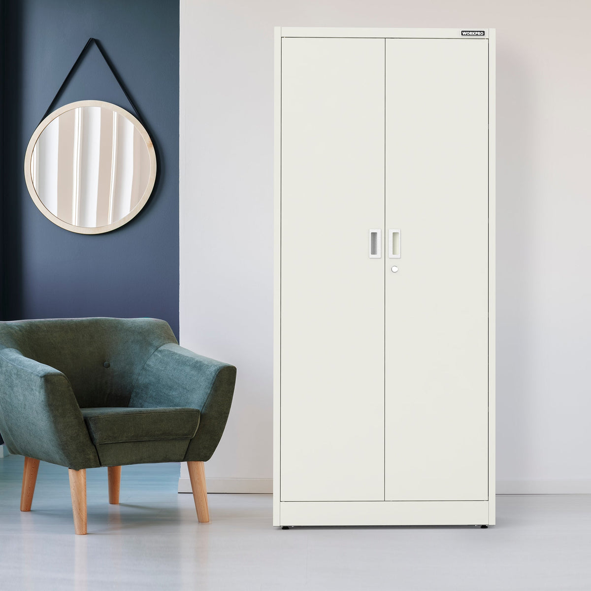 White freestanding metal cabinet with double doors and vertical handle pulls