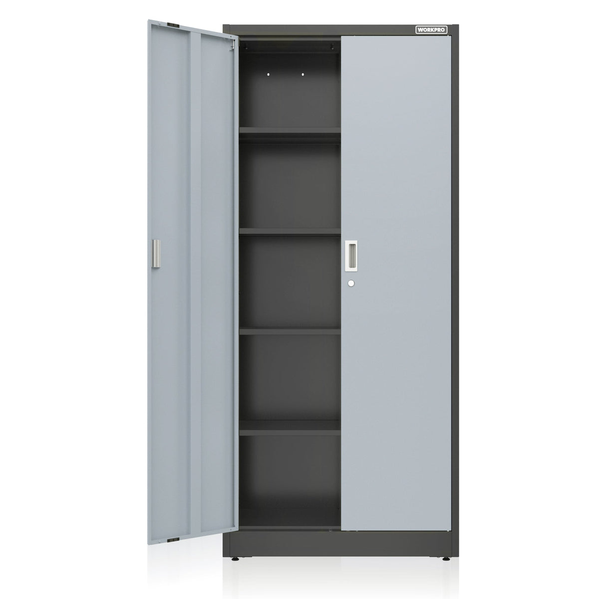 Gray metal garage cabinet with double doors open, showing multiple interior shelves