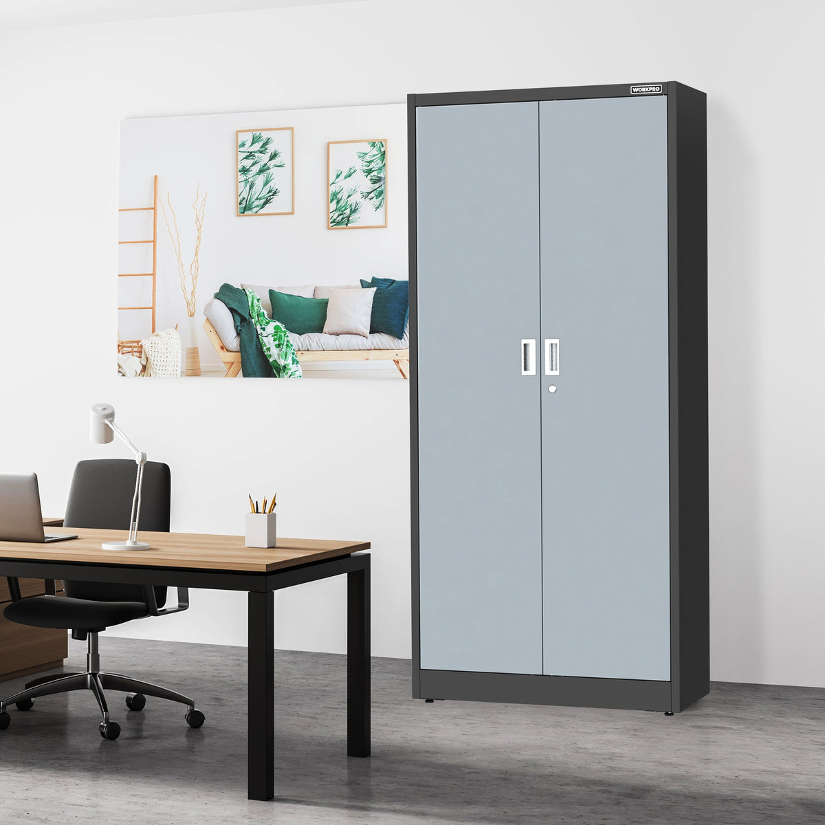 Freestanding gray metal cabinet with two doors and black sides, closed