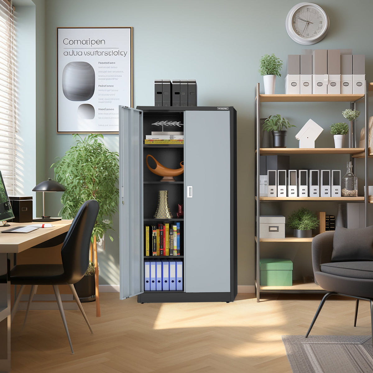 Gray metal storage cabinet with double doors open, shelving with books and binders