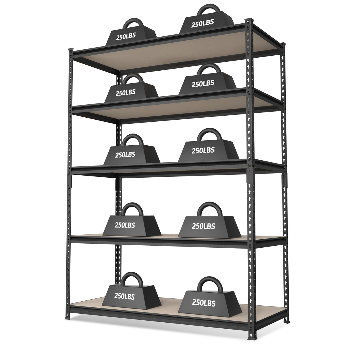 Workpro 5-tier adjustable metal shelving unit with black frame, particle board shelves and 2500 pound total load capacity.