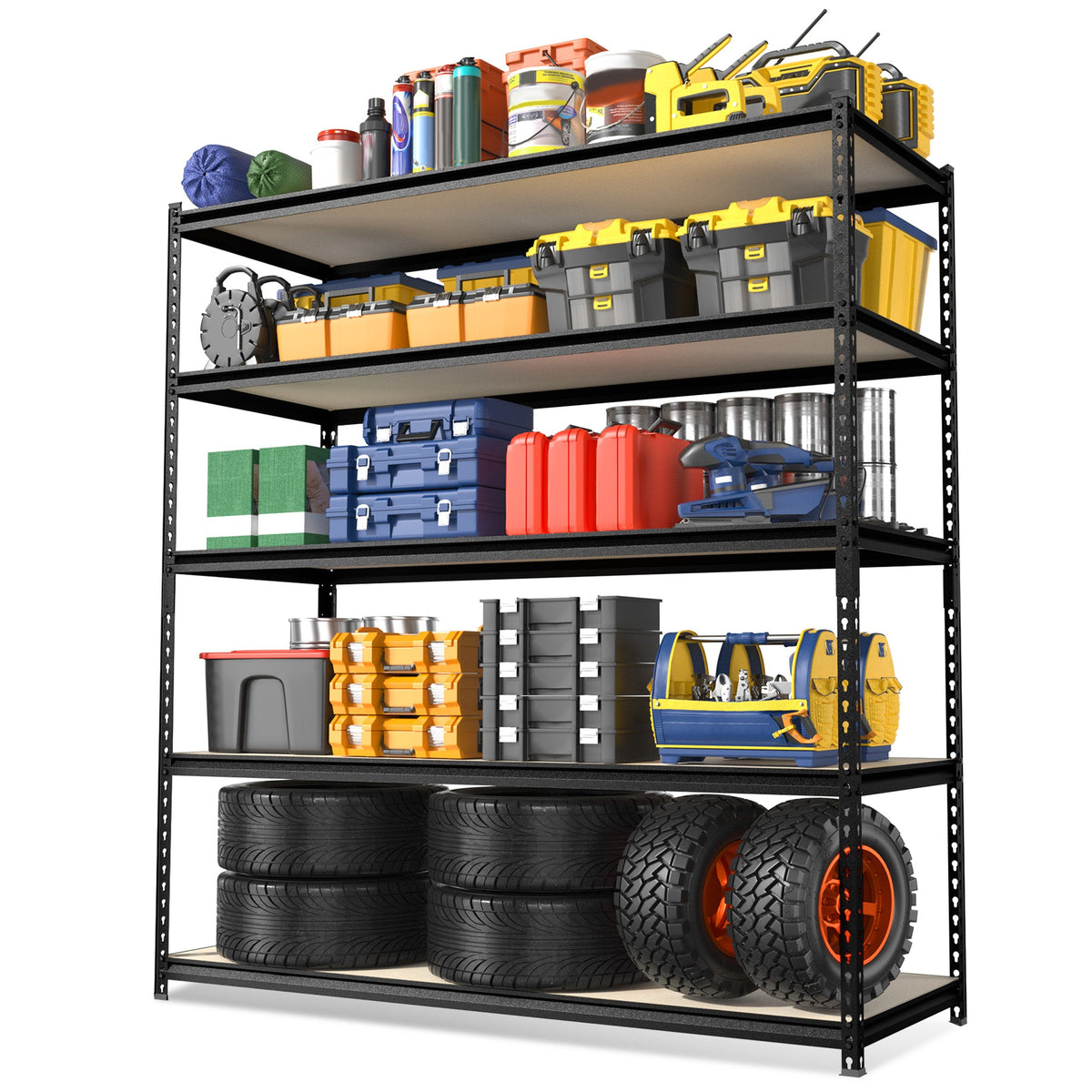 Black 5-tier metal storage rack with adjustable shelves for heavy-duty garage storage.