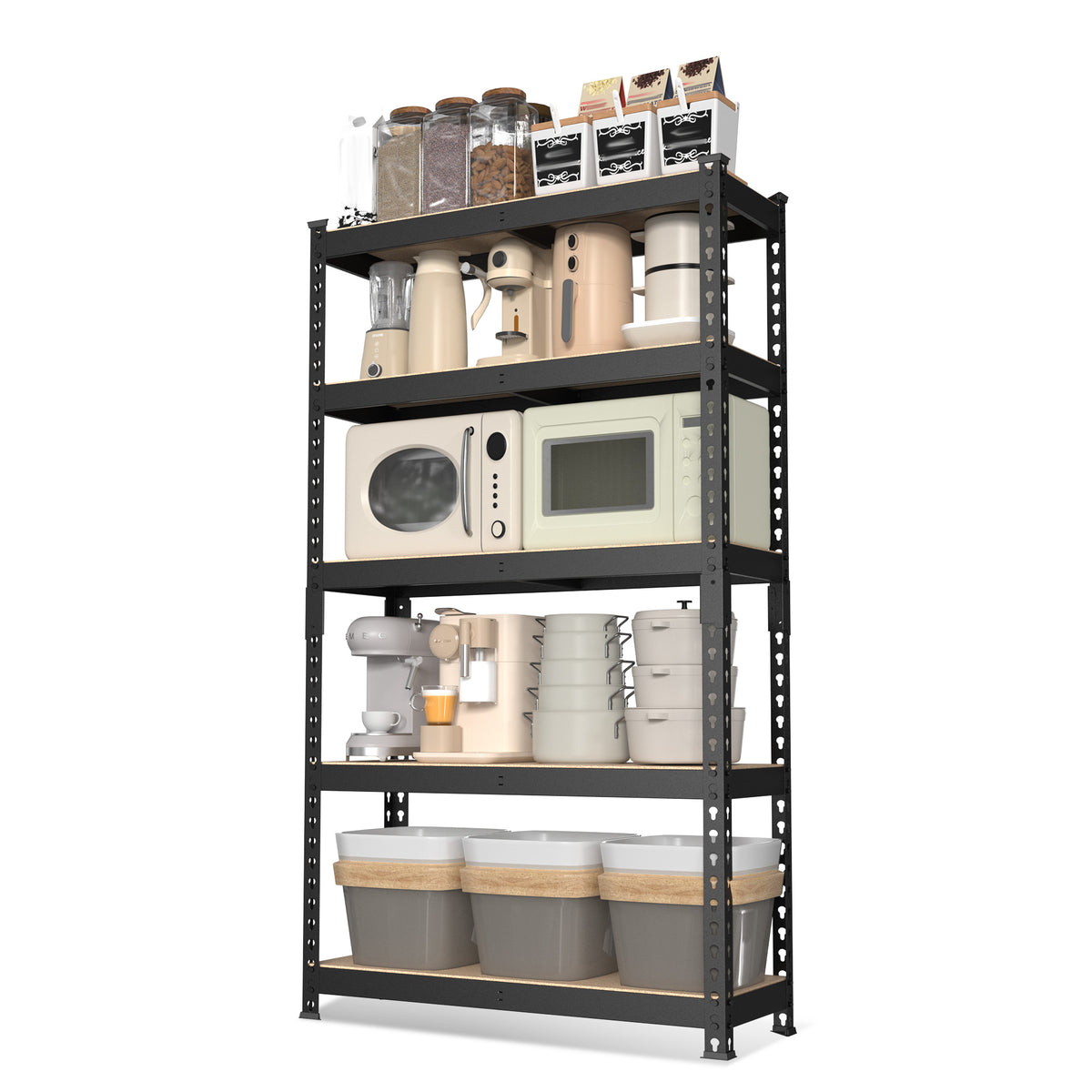 5-tier steel storage rack with MDF shelves, black frame, adjustable level shelving