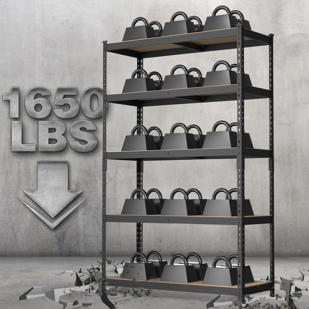 Tall 5-tier heavy-duty steel shelving rack with MDF shelves and upright grid frame