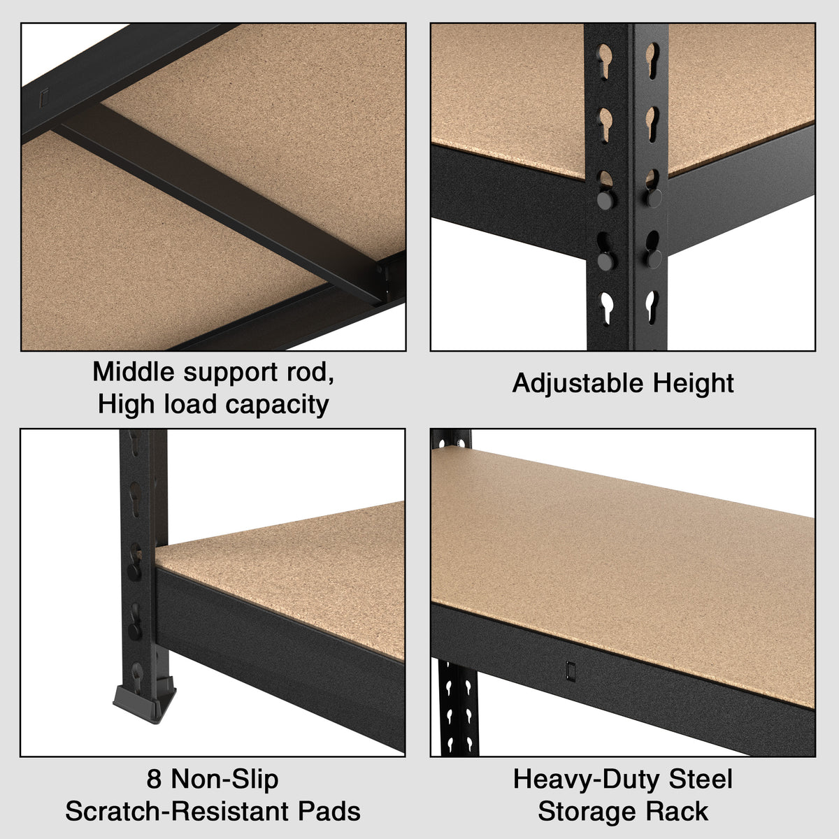 Steel storage rack shelf corner with MDF board and non-slip scratch-resistant pads