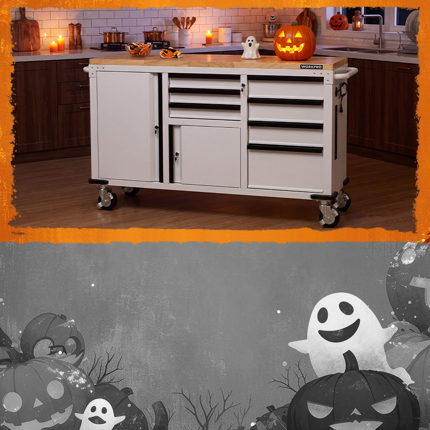 White rolling kitchen cabinet with drawers and casters, displayed in a Halloween kitchen with a glowing pumpkin