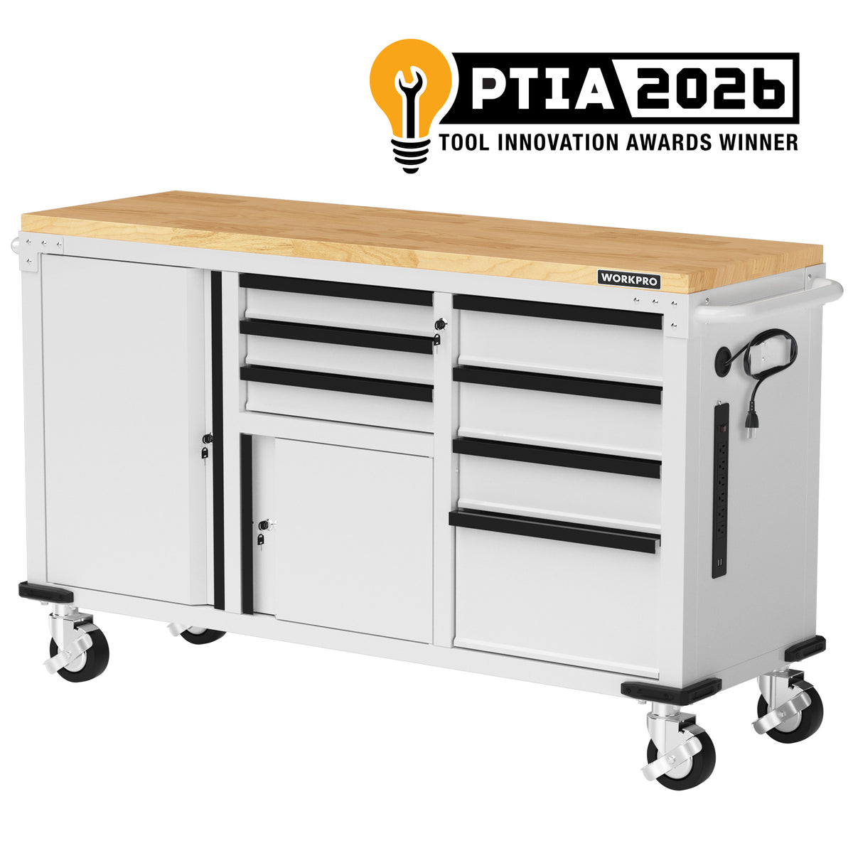 Workpro rolling tool storage cabinet in white with a powder-coated steel body, wooden workbench top, and adjustable shelving.