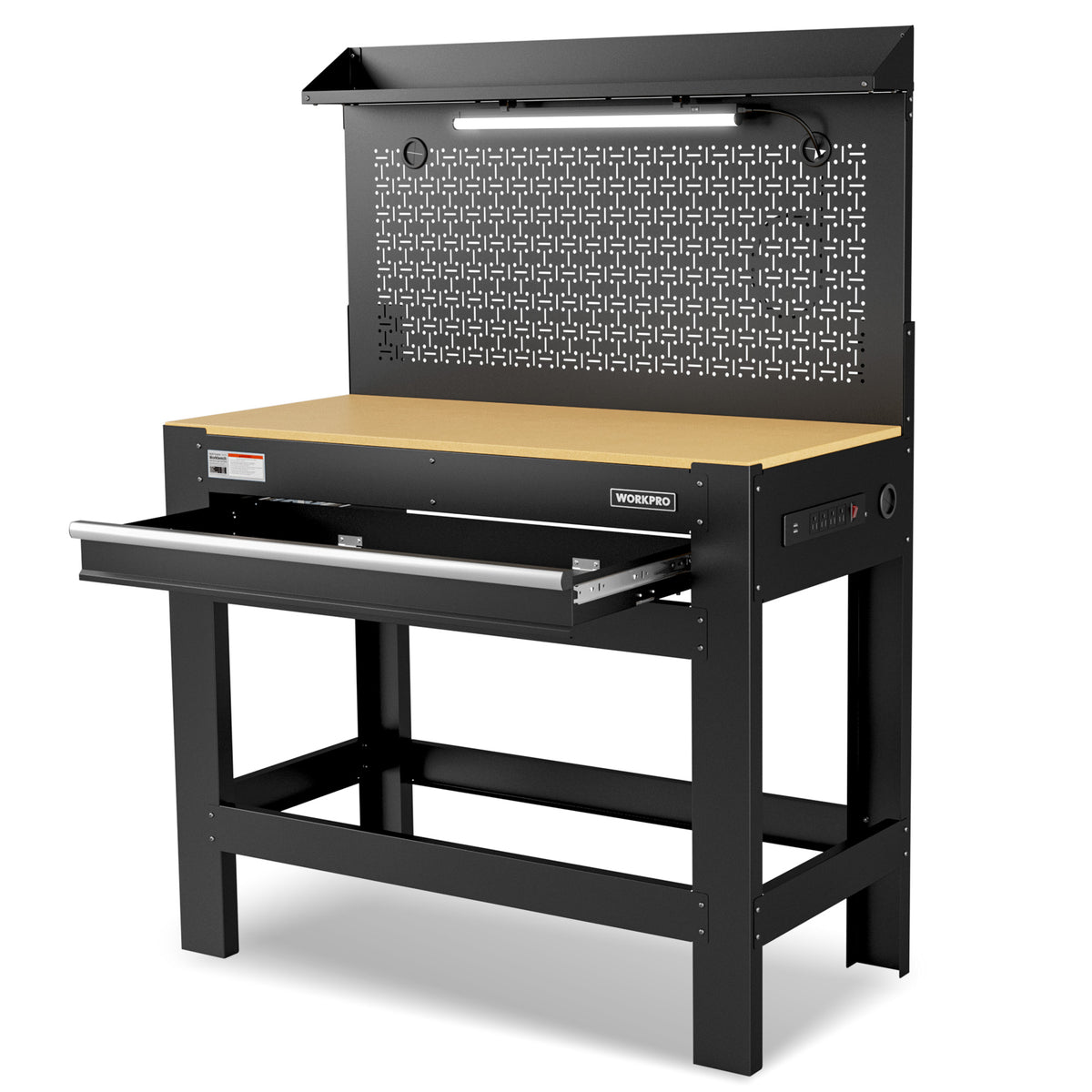 Workpro heavy-duty workbench in black with Q195 steel construction and wood work surface for garage projects.
