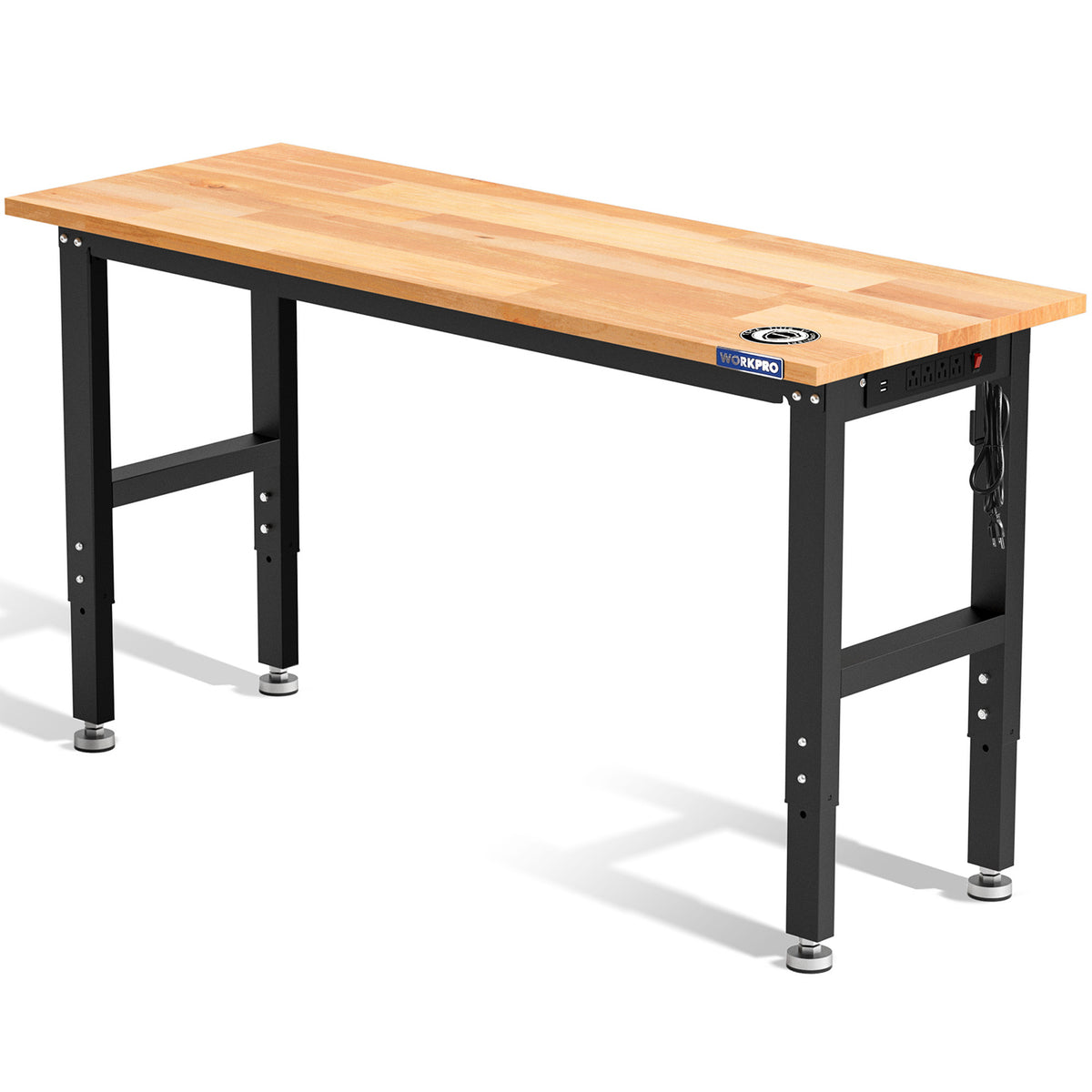 Hardwood workbench with black legs and adjustable frame, power outlet panel