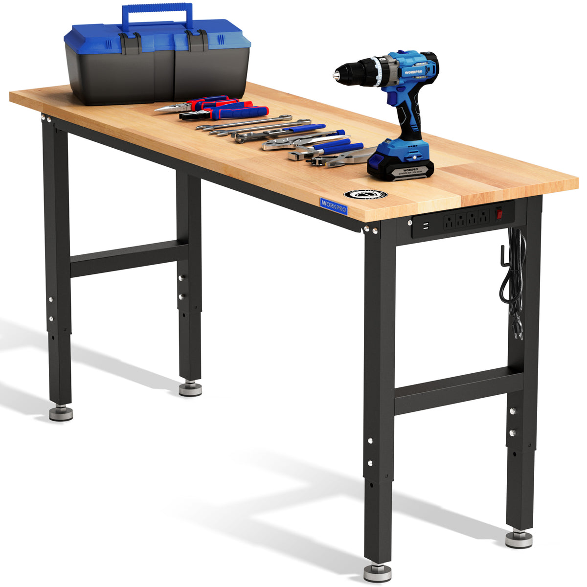 Workpro adjustable workbench with a natural wood FSC-certified solid rubber wood tabletop and black alloy steel frame.