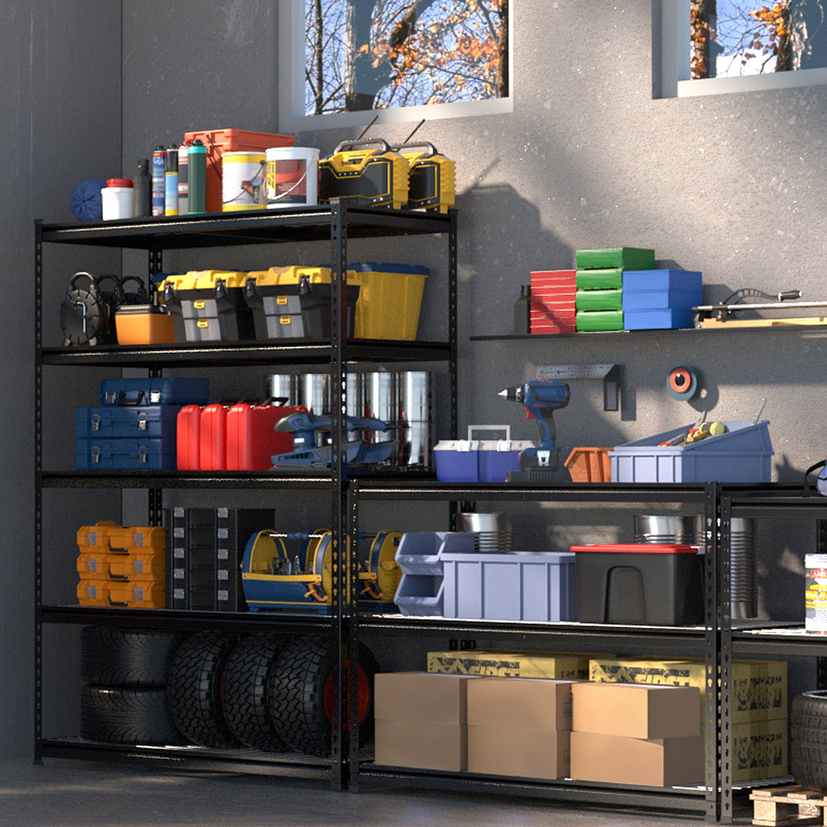 Black 5-tier metal shelving unit with stacked bins and storage items on wire shelves