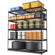 Black 5-tier metal storage rack with wire shelves and perforated steel uprights