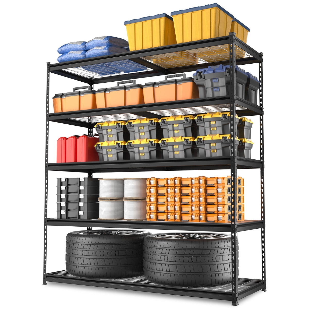 Black 5-tier metal storage rack with wire shelves and perforated steel uprights