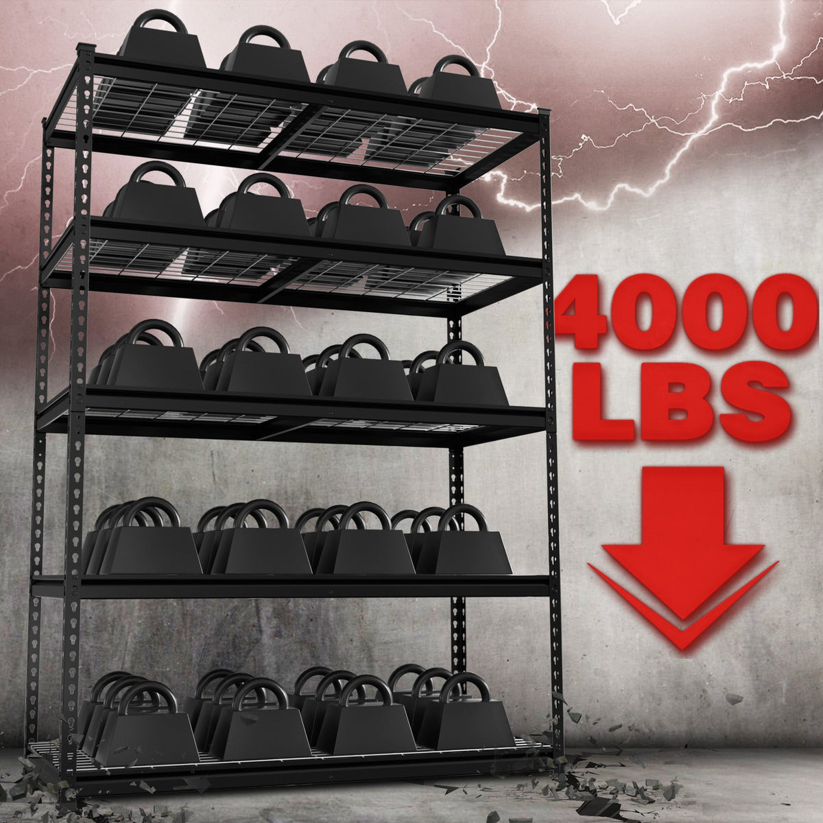 Black 5-tier metal storage rack holding stackable tool cases with heavy-duty frame