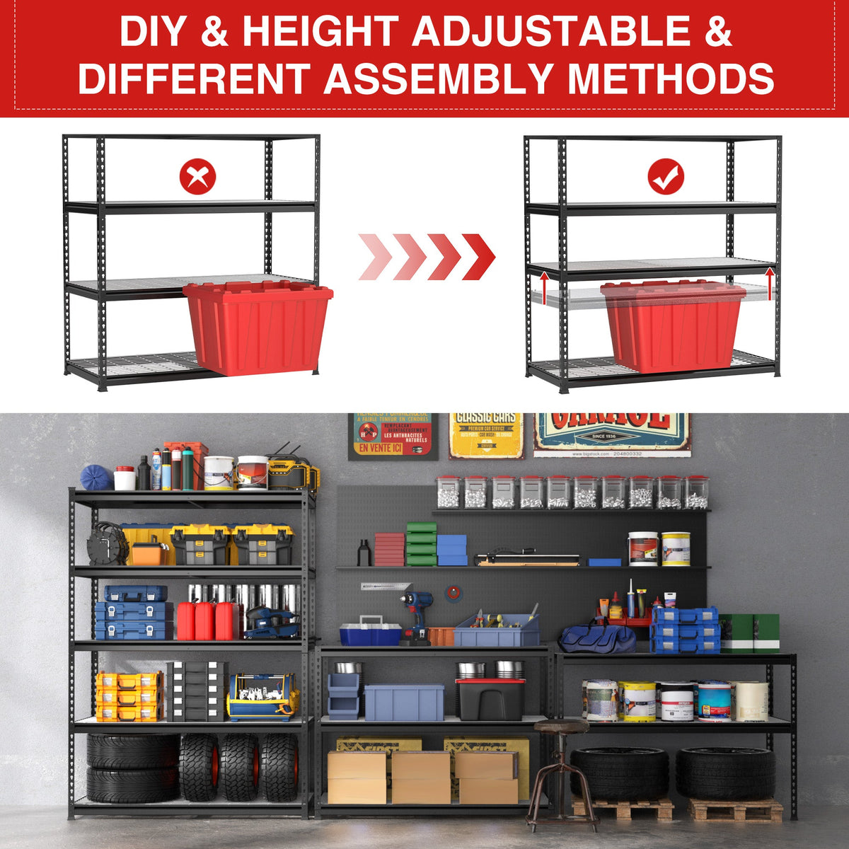 Black 5-tier metal storage rack with illustrated step-by-step height-adjustable assembly