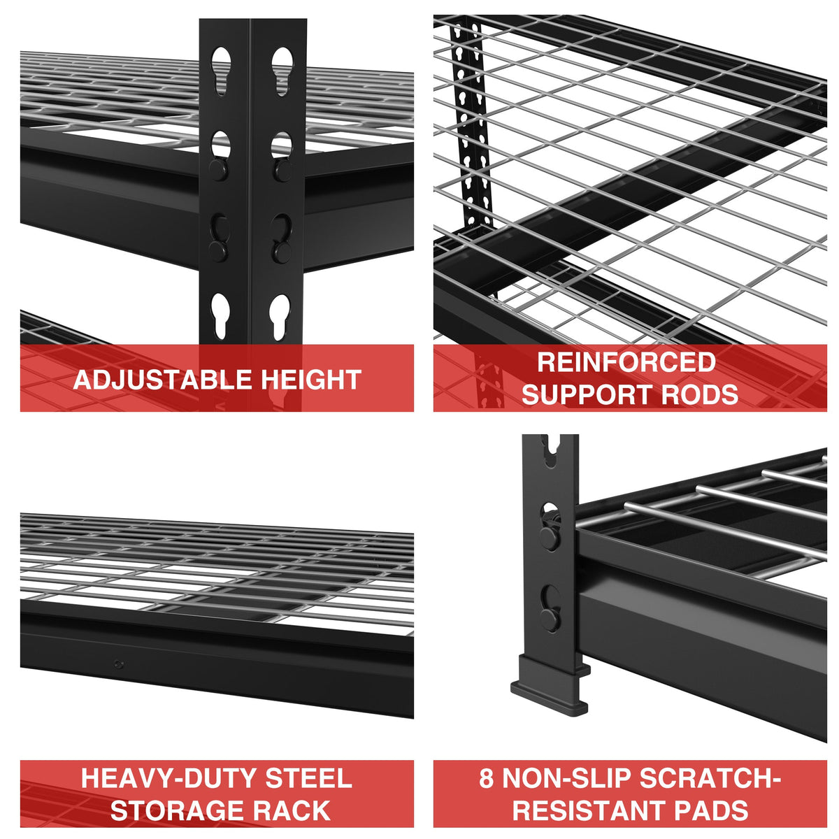 Black metal rack corner with adjustable height holes, reinforced rods, and non-slip pads