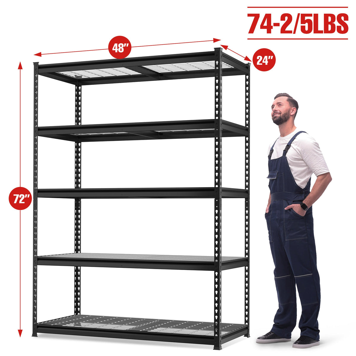 Black 5-tier metal storage rack, empty with level wire shelves and adjustable supports