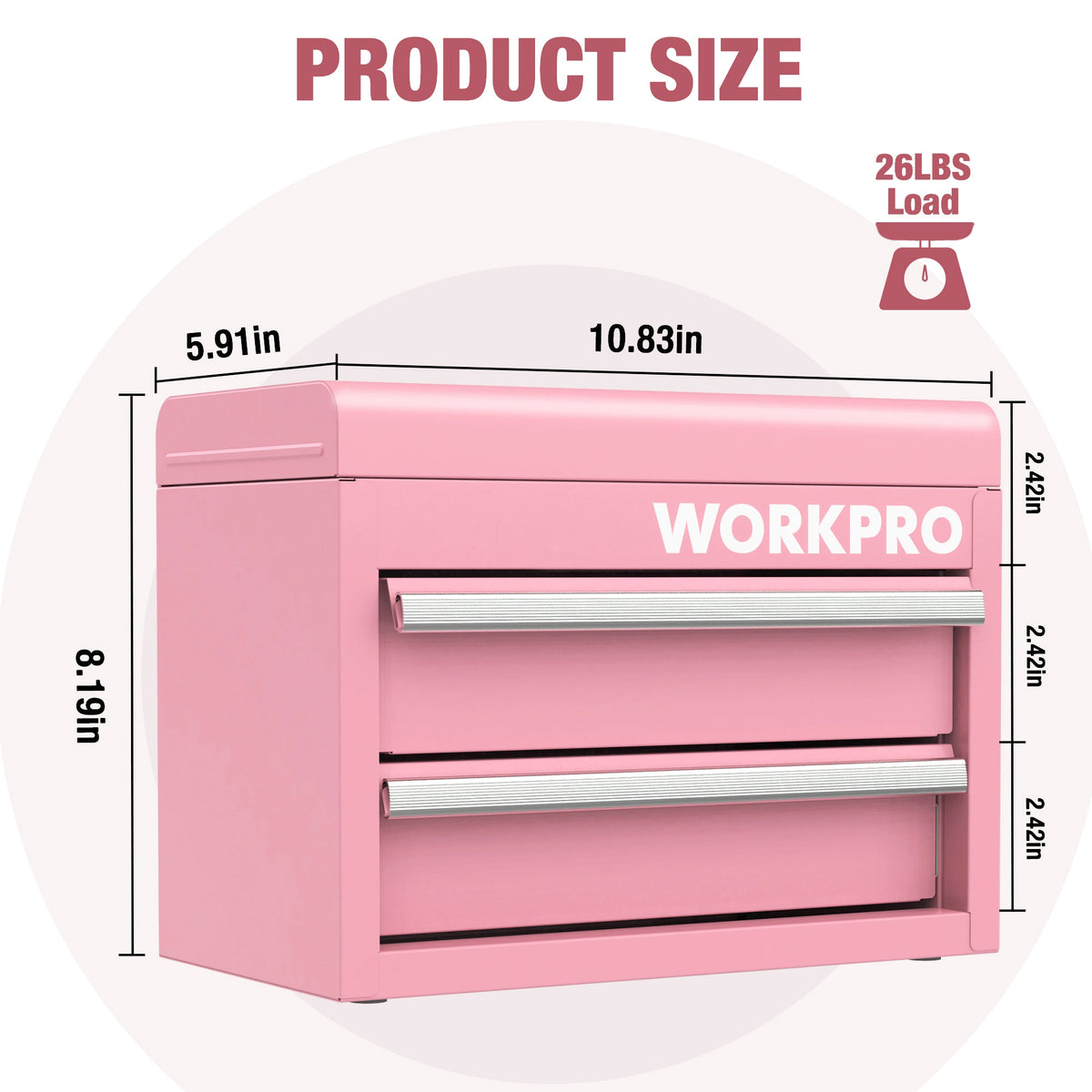 Pink mini tool chest front view with two drawers and top storage, shown with dimensions.