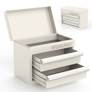White mini metal tool box with open lid and two front drawers