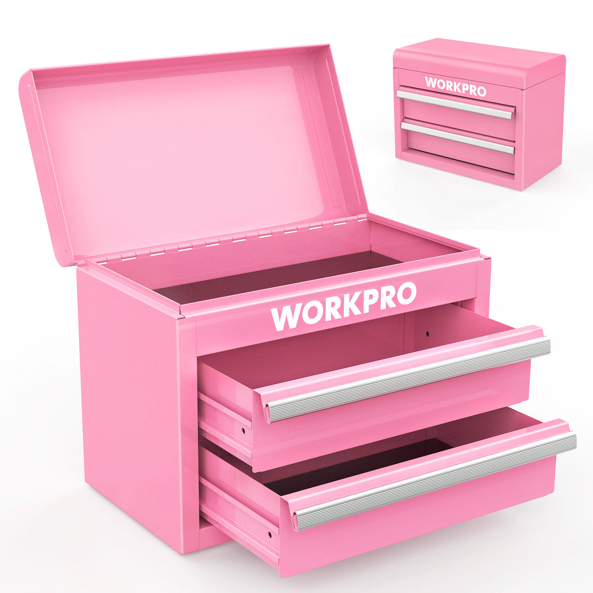 WORKPRO Mini Metal Tool Box with 2 Drawers and Top Storage in pink with innovation, secure closure