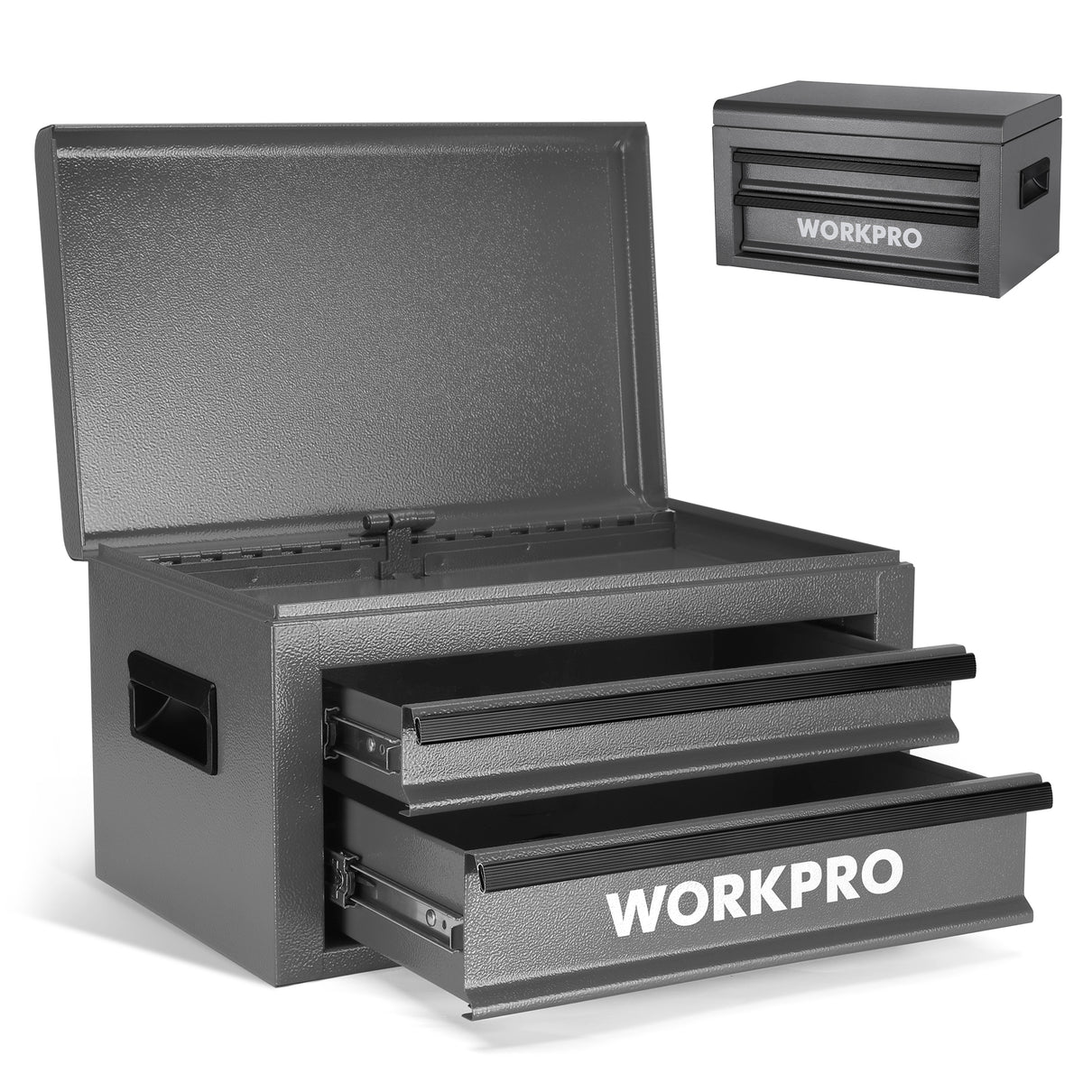 Workpro 15 inch heavy duty metal tool box in grey with an integrated safety lock for secure storage.