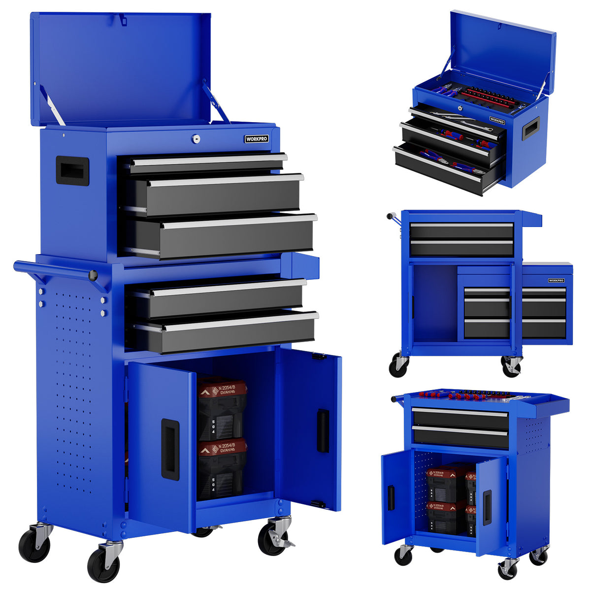 Blue rolling tool chest with open top box, three drawers, and cabinet doors on wheels