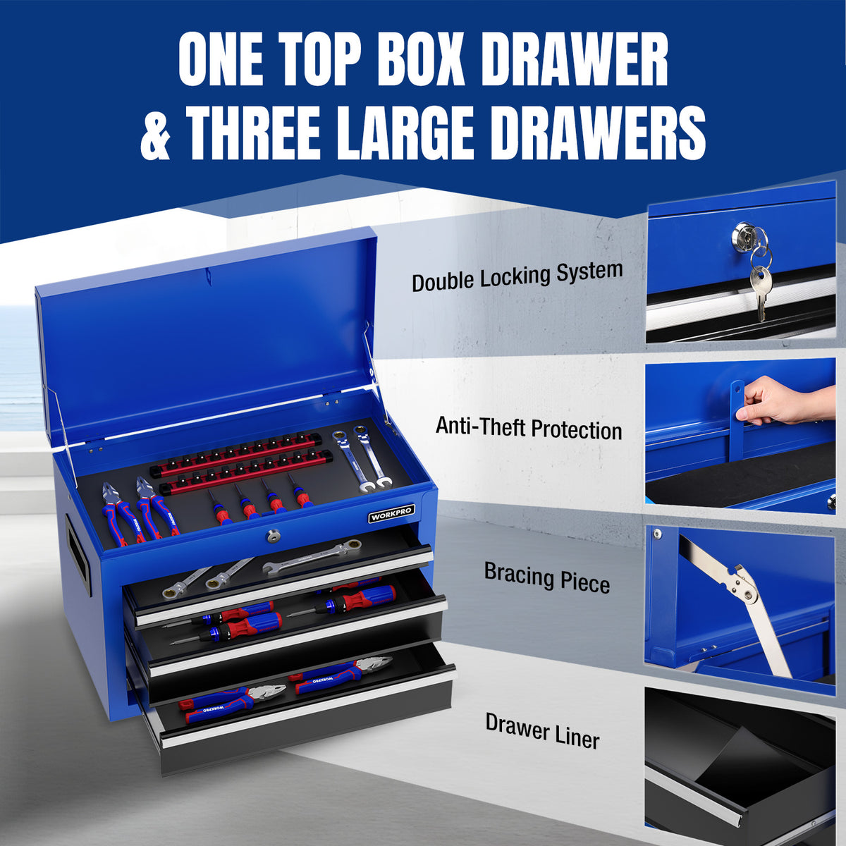 Blue rolling tool chest with open top box drawer and three large drawer compartments
