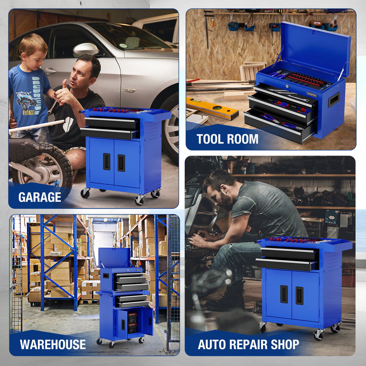 Blue rolling tool chest with open drawers and cabinet doors on four wheels