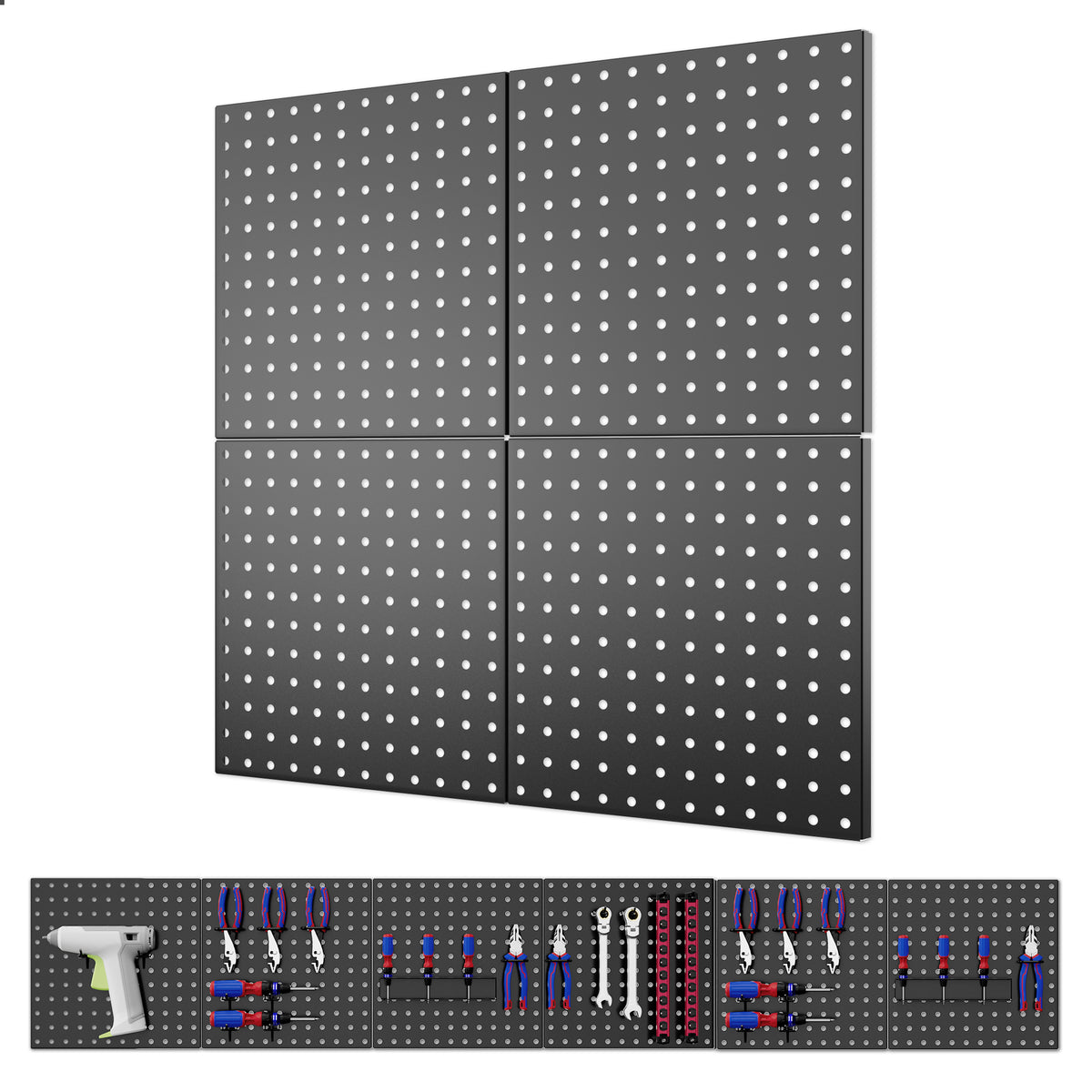 Four-panel black metal pegboard wall organizer with rows of mounting holes