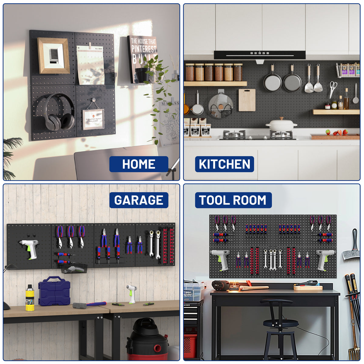 Black metal pegboard panels shown in different rooms for organized wall storage