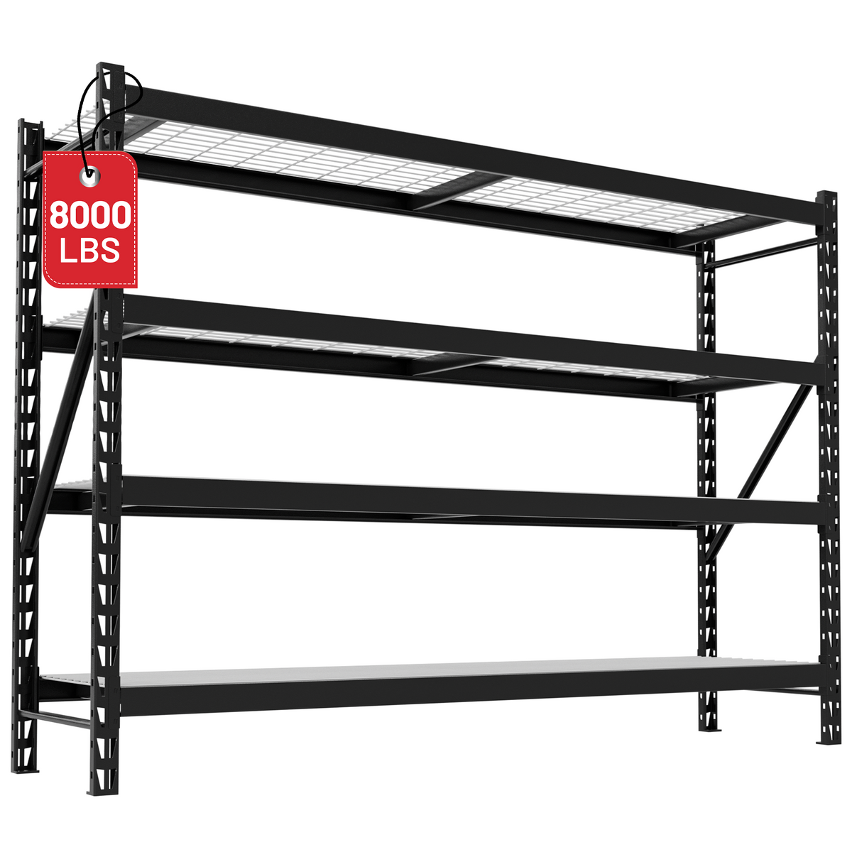 Workpro extra-wide freestanding shelving unit in black with wire tiers and welded steel construction