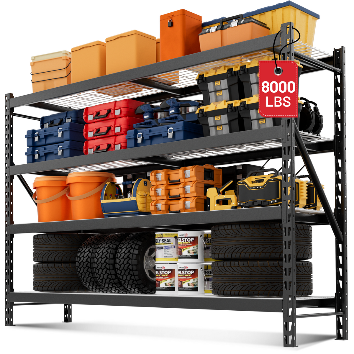 Workpro four tier black storage shelving with welded steel construction and locking pins for freestanding use