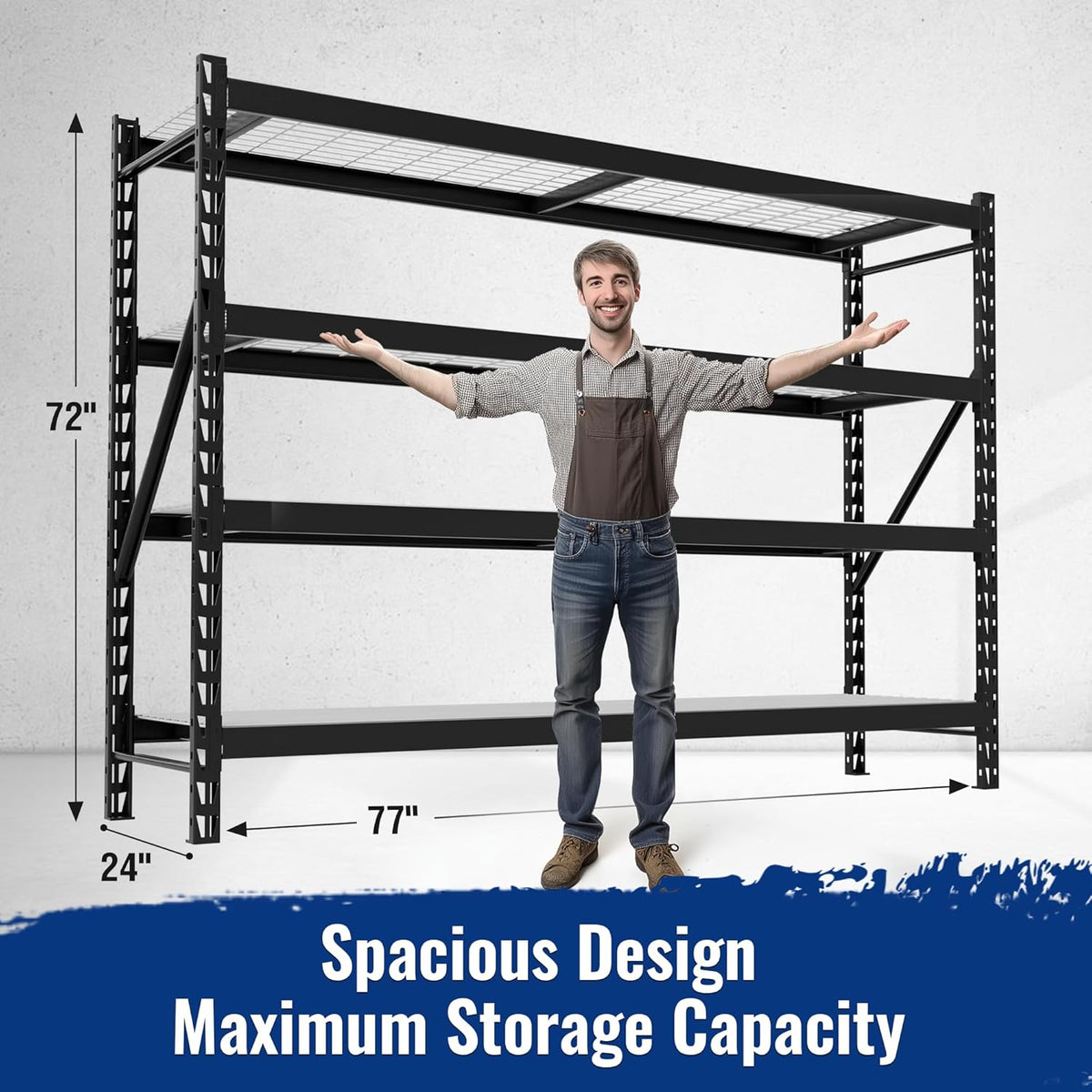 Black 4-tier adjustable storage rack with wide shelves, shown with front view