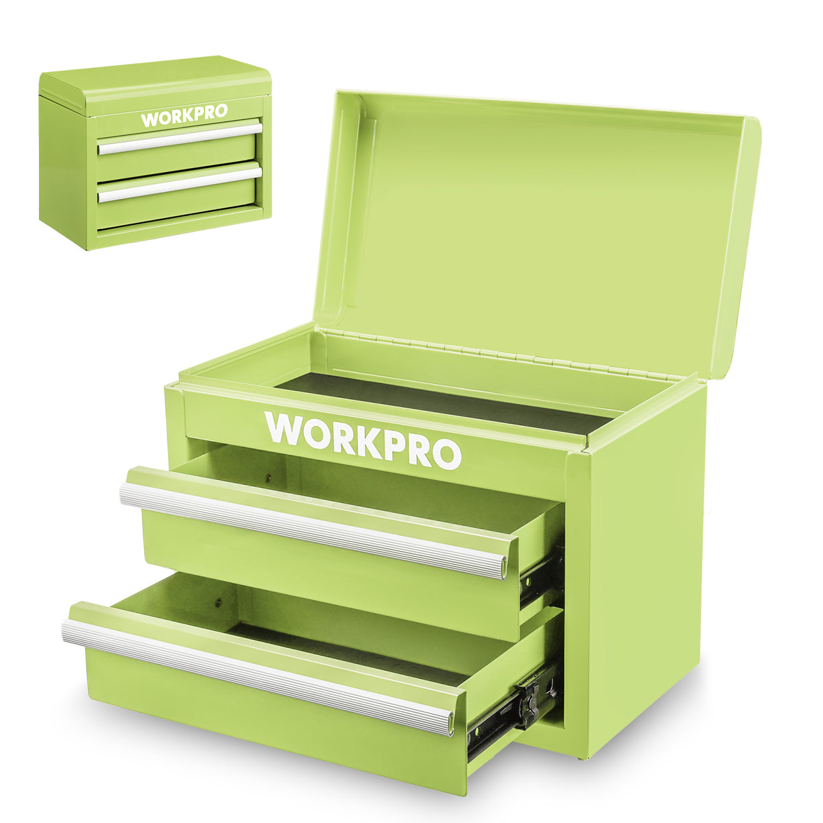WORKPRO Metal Mini Tool Box in macaron green with innovation, quality, and two removable drawers with ball bearing slides