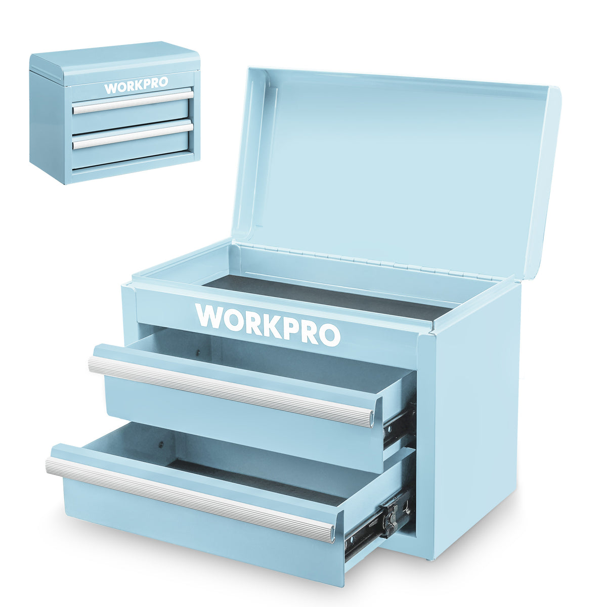 Light blue mini metal tool box with two drawers and open top storage compartment
